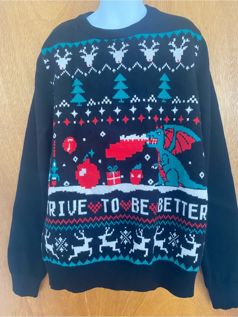 SHEIN Black Holiday Crewneck Sweater with Teal & Red Dragon Motif